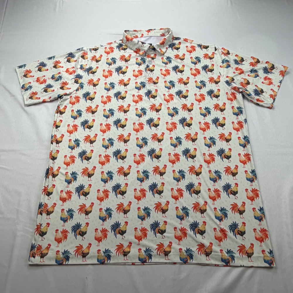 Waggle Golf Polo Shirt Mens 2XL White Rooster "Feeling Cocky" Print Performance